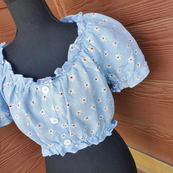 ZARA Summer Linen Blend Floral Blouse Blue Size Small NWOT - Picture 10 of 13